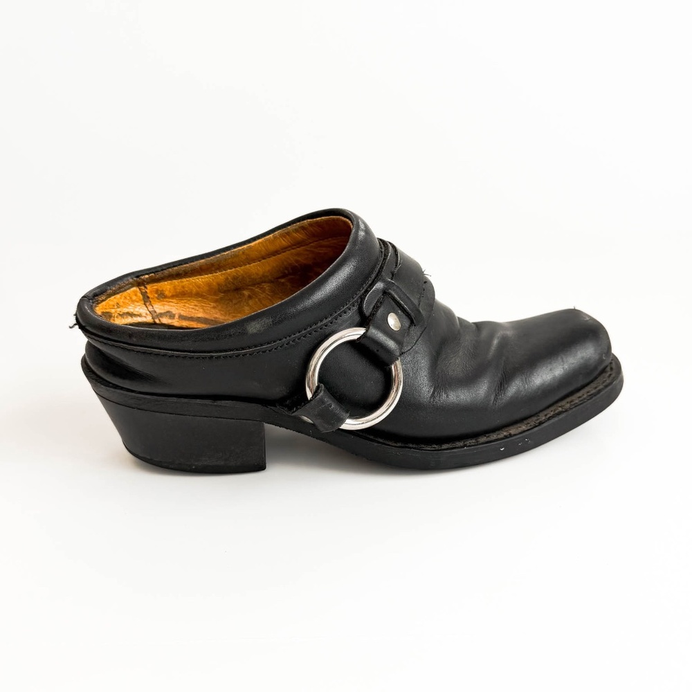 Amazing Vintage Frye Black Leather Biker Hardness Mules Made in USA